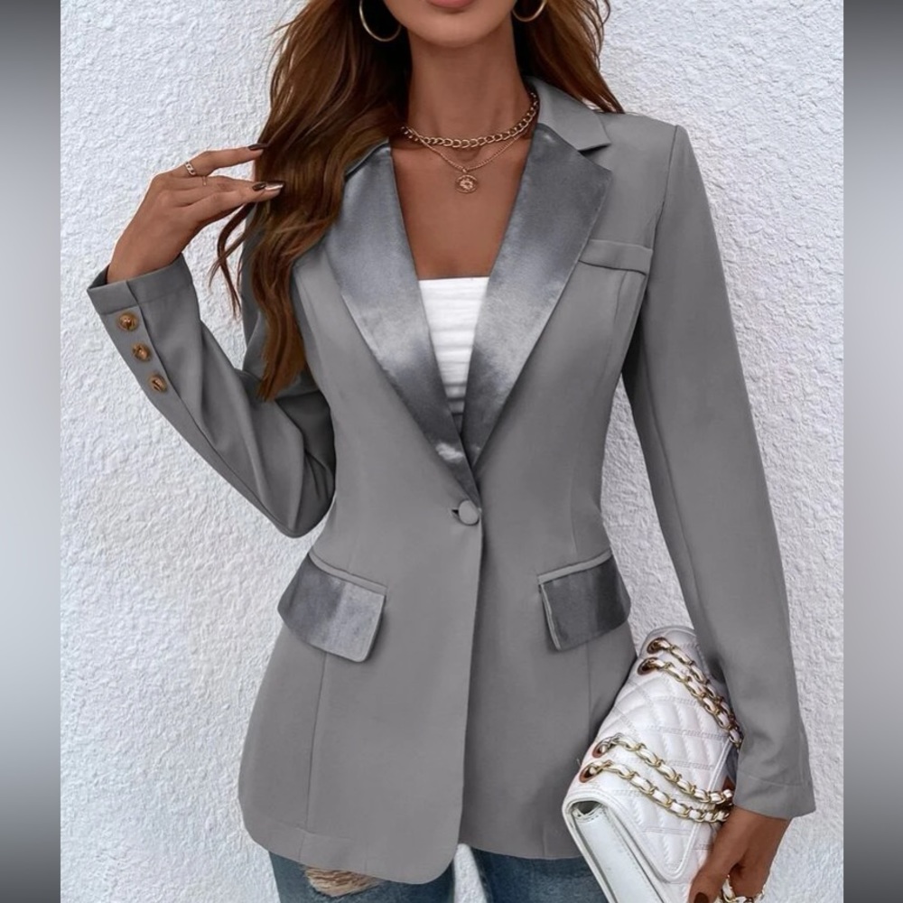 Classic Gray Button Satin Detail  Work Blazer
